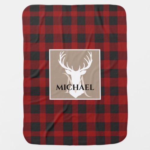 Red Black Buffalo Plaid Deer Baby Name Baby Blanket