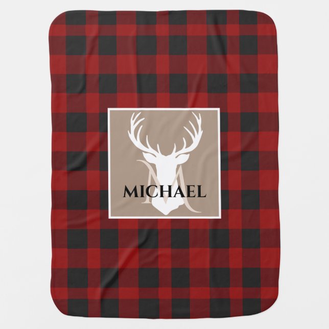 Red Black Buffalo Plaid Deer Baby Name Baby Blanket (Front)