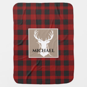 Red Black Buffalo Plaid Deer Baby Name Blanket