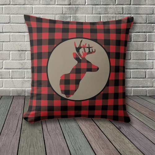 Red Black Buffalo Plaid Deer Head Throw Pillow