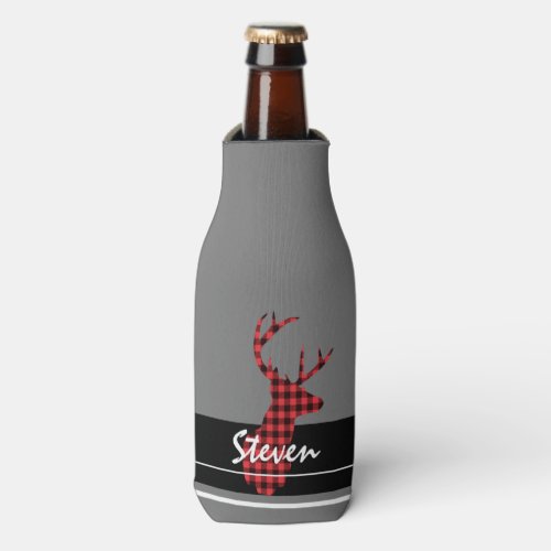 Red Black Buffalo Plaid Deer Hunter Customized Bottle Cooler