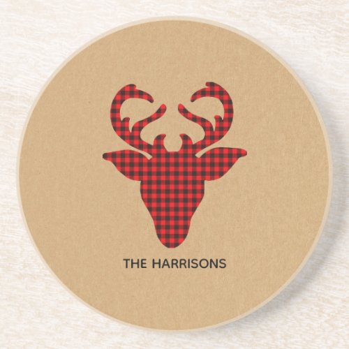Red  Black Buffalo Plaid Deer Personalized Coaster