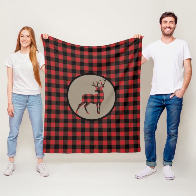 Red Black Buffalo Plaid Deer Silhouette Fleece Blanket (In Situ)