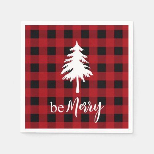 Red Black Buffalo Plaid Evergreen Tree Be Merry Napkins