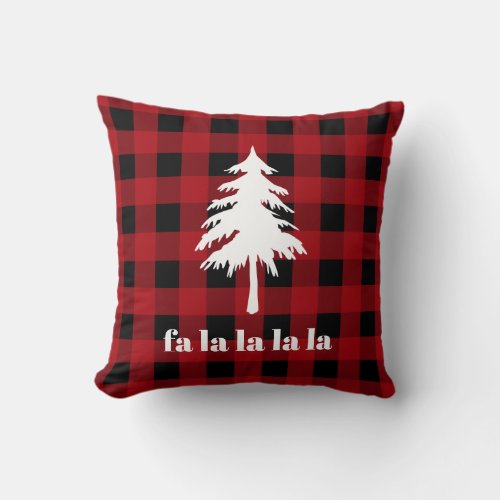 Red Black Buffalo Plaid Evergreen Tree Be Merry Throw Pillow