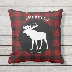 Red Black Buffalo Plaid Family Moose Outdoor Pillow