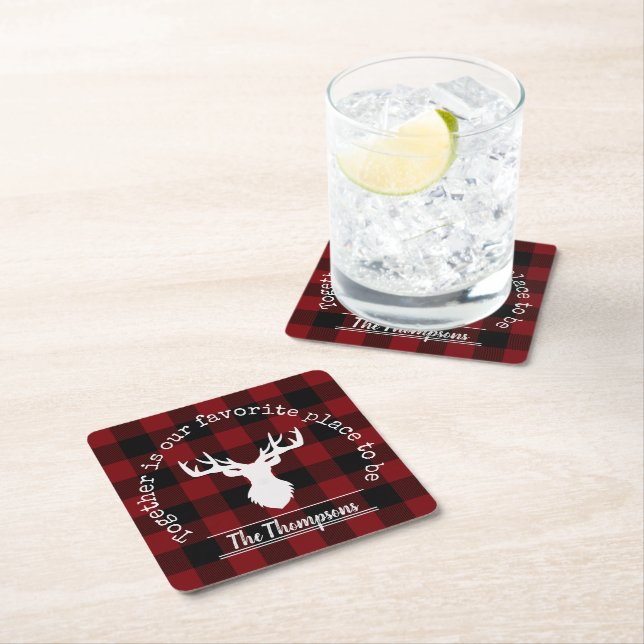 Red Black Buffalo Plaid Family Party Square Paper Coaster (Insitu)