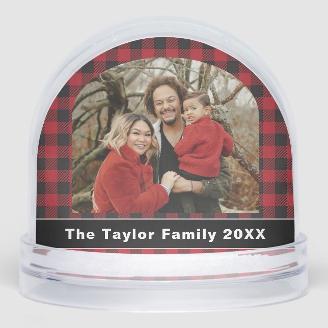 Red & Black Buffalo Plaid Family Photo Christmas Snow Globe (Front)
