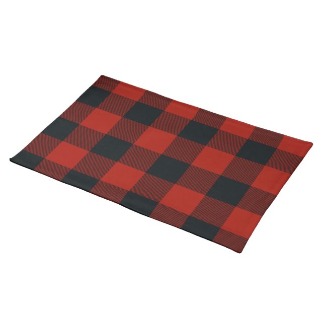 Red & Black Buffalo Plaid Gingham Checkered Square Cloth Placemat (On Table)