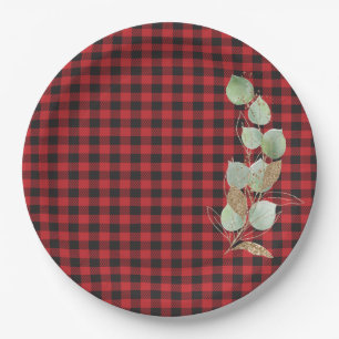 Red Black Buffalo Plaid Glitter Sage Botanical Paper Plates