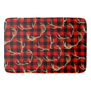 Red & Black Buffalo Plaid & Gold Deer Antlers Bath Mat