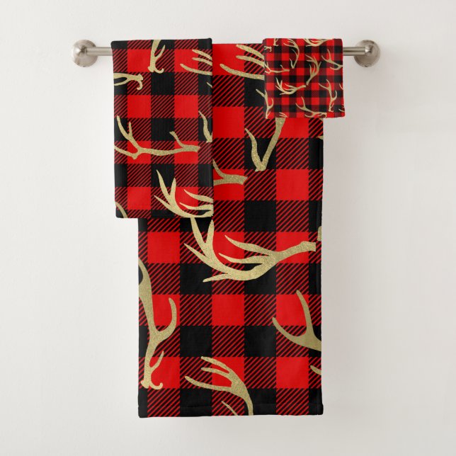 Red & Black Buffalo Plaid & Gold Deer Antlers Bath Towel Set (Insitu)