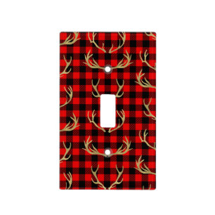 Red & Black Buffalo Plaid & Gold Deer Antlers Light Switch Cover