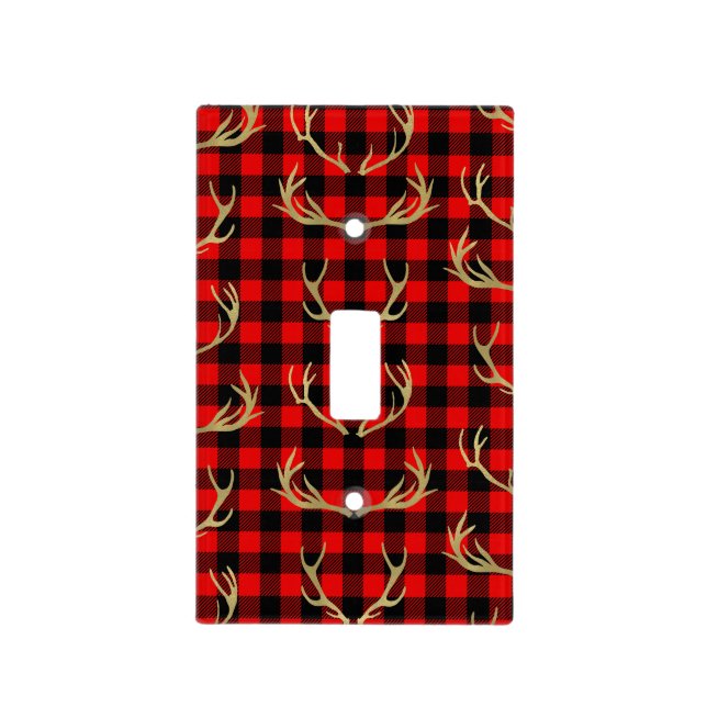 Red & Black Buffalo Plaid & Gold Deer Antlers Light Switch Cover (Front)