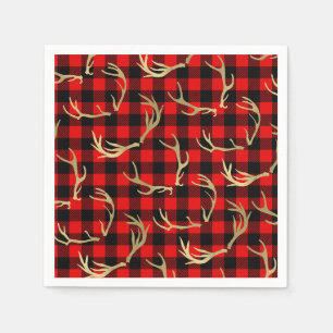 Red & Black Buffalo Plaid & Gold Deer Antlers Napkins