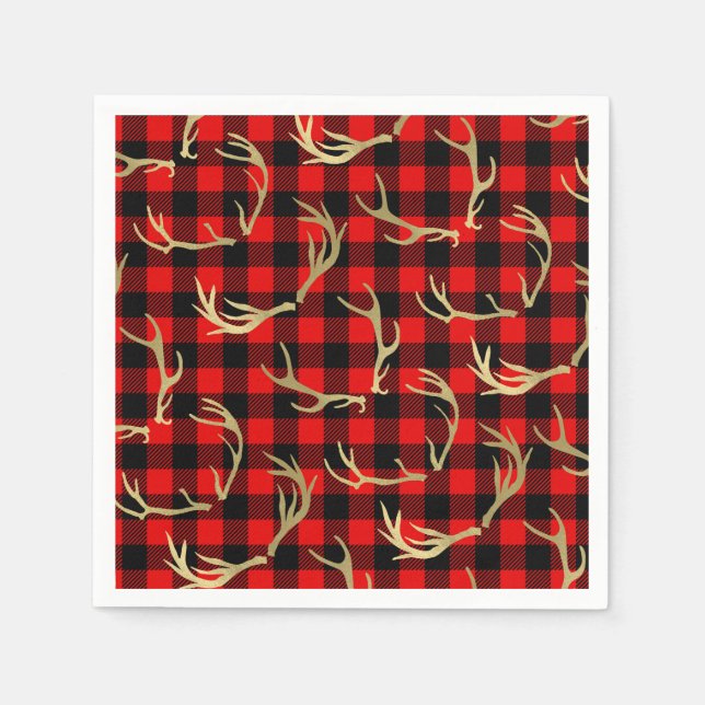 Red & Black Buffalo Plaid & Gold Deer Antlers Napkins (Front)