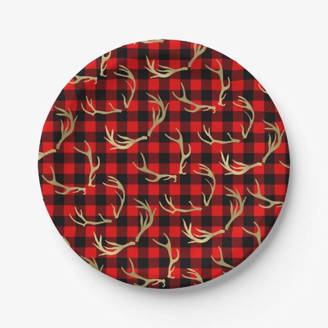 Red & Black Buffalo Plaid & Gold Deer Antlers Paper Plates (Front)