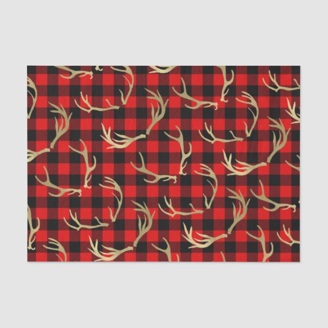 Red & Black Buffalo Plaid & Gold Deer Antlers Tissue Paper (Front)