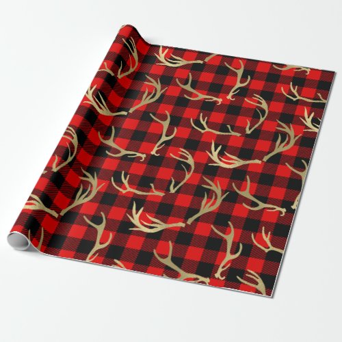 Red  Black Buffalo Plaid  Gold Deer Antlers Wrapping Paper