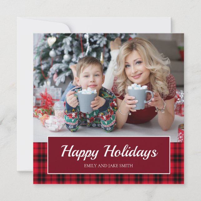 Red Black Buffalo Plaid Happy Holidays Photo Holiday Card (Front)