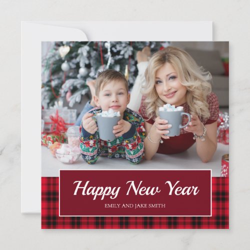 Red Black Buffalo Plaid Happy New Year Photo Holiday Card