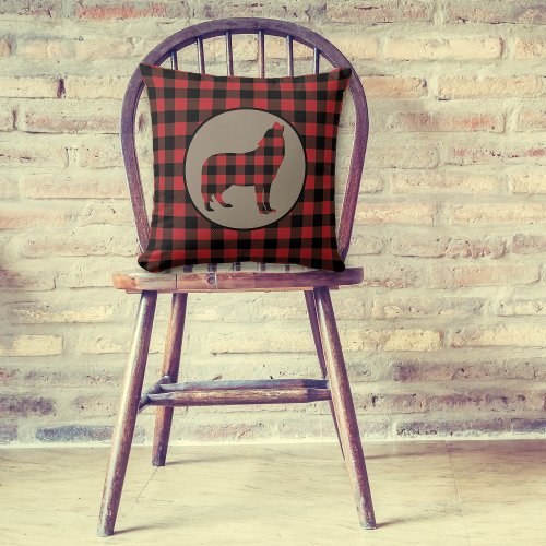 Red Black Buffalo Plaid Howling Wolf Throw Pillow