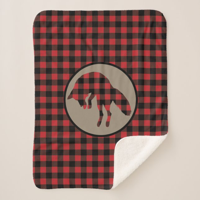 Red Black Buffalo Plaid Jumping Fox Sherpa Blanket (Front)