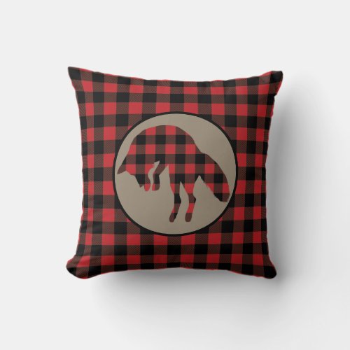 Red Black Buffalo Plaid Jumping Fox Throw Pillow