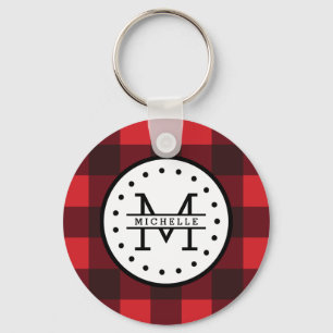 Red black Buffalo Plaid Lumberjack Name Monogram Keychain