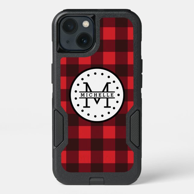 Red black Buffalo Plaid Lumberjack Name Monogram Otterbox iPhone Case (Back)