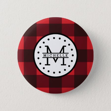 Red Black Buffalo Plaid Lumberjack Name Monogram Pinback Button