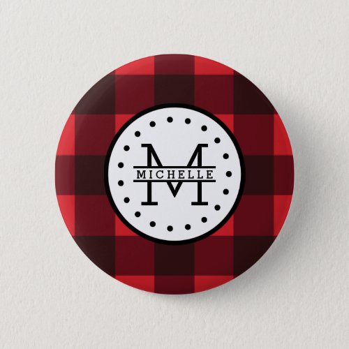 Red black Buffalo Plaid Lumberjack Name Monogram Pinback Button