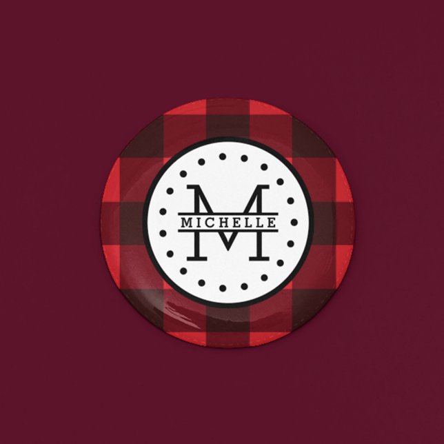 Red black Buffalo Plaid Lumberjack Name Monogram Pinback Button (Creator Uploaded)