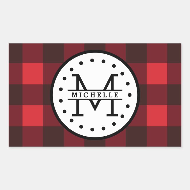 Red black Buffalo Plaid Lumberjack Name Monogram Rectangular Sticker (Front)
