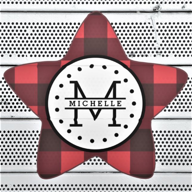 Red black Buffalo Plaid Lumberjack Name Monogram Star Sticker (Creator Uploaded)