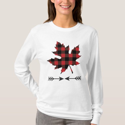 Red Black Buffalo Plaid Maple Leaf T_Shirt