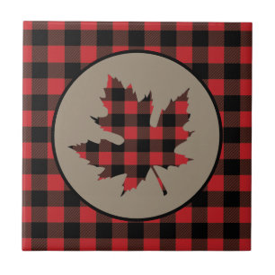 Red Black Buffalo Plaid Maple Leaf Tile