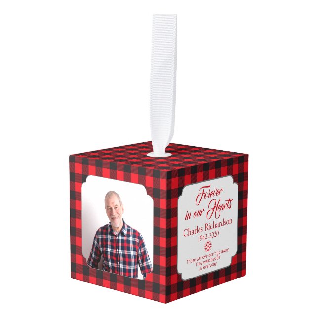 Red Black Buffalo Plaid Memorial Photo Christmas Cube Ornament (Front Angled)