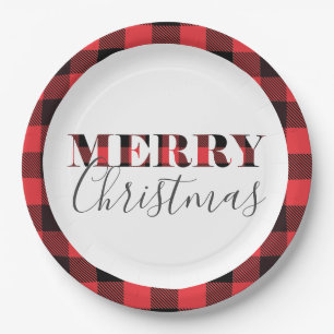Red Black Buffalo Plaid Merry Christmas Paper Plates