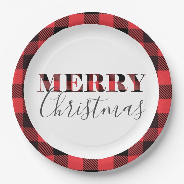 Red Black Buffalo Plaid Merry Christmas Paper Plates (Front)
