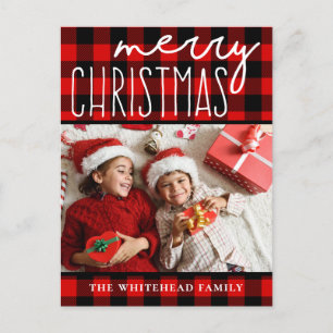 Red Black Buffalo Plaid Merry Christmas Photo Holiday Postcard