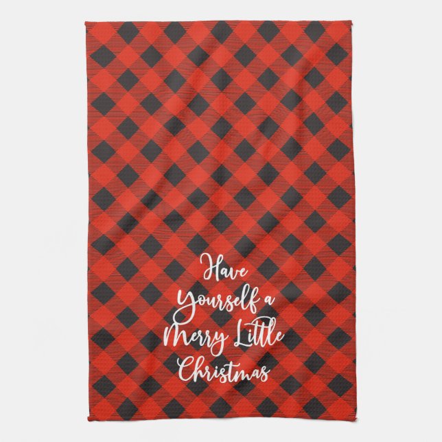 Red Black Buffalo Plaid Merry Little Christmas Kitchen Towel (Vertical)