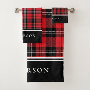Red Black Buffalo Plaid Monogram Bath Towel Set