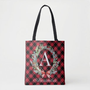 Red & Black Buffalo Plaid Monogram Christmas Tote Bag