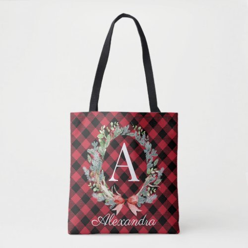 Red  Black Buffalo Plaid Monogram Christmas Tote Bag