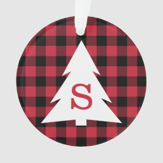 Red Black Buffalo Plaid Monogram Christmas Tree Ornament