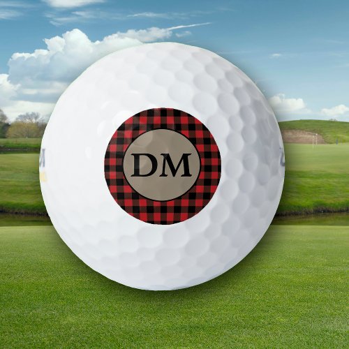 Red Black Buffalo Plaid Monogram Golf Balls