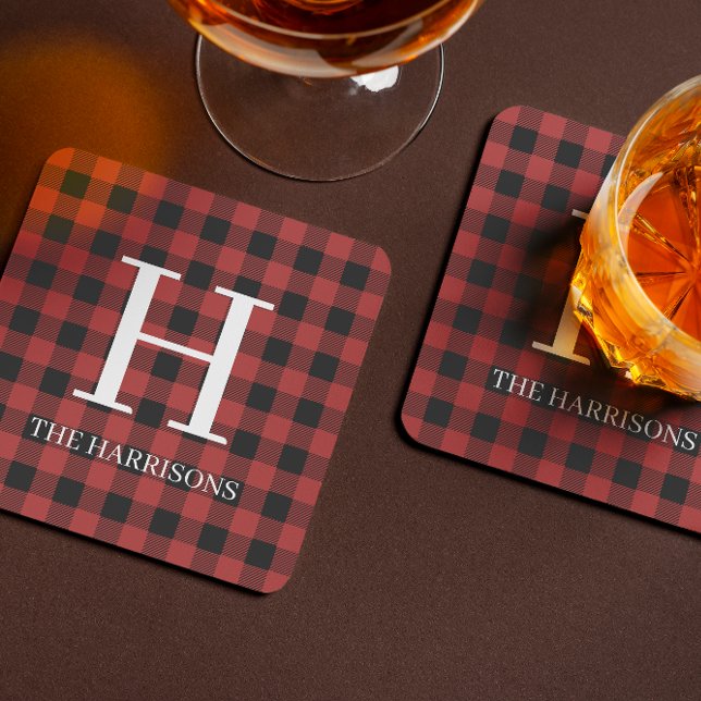 Red Black Buffalo Plaid Monogram Holiday Beverage Coaster (Creator Uploaded)