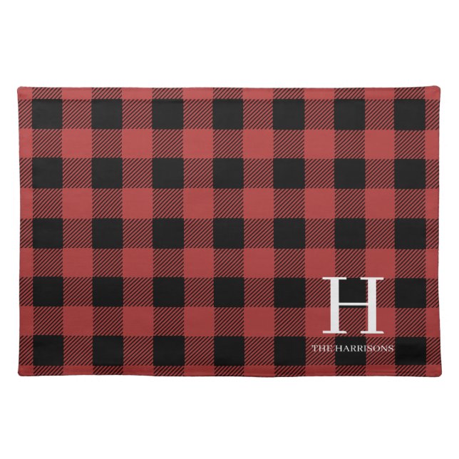 Red Black Buffalo Plaid Monogram Holiday Cloth Placemat (Front)