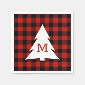 Red Black Buffalo Plaid Monogram Holiday Party Napkins
